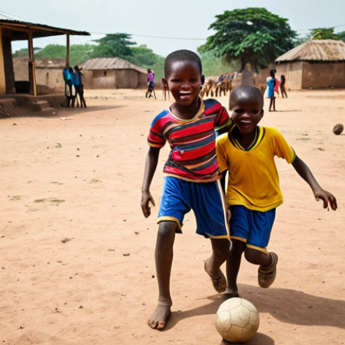 A vibrant, energetic scene of young Togolese children playing football on a dusty pitch in a village. Focus on the joy and determination in their faces. Include elements like worn-out footballs, makeshift goals, and traditional Togolese clothing. The image should evoke a sense of hope and the grassroots development of football talent.