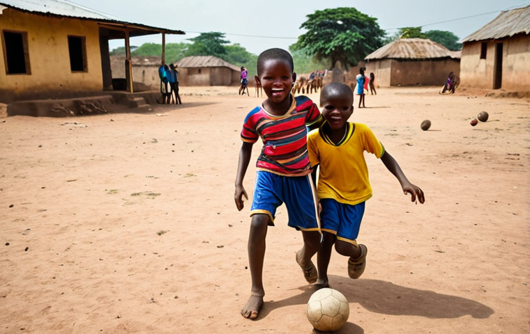 A vibrant, energetic scene of young Togolese children playing football on a dusty pitch in a village. Focus on the joy and determination in their faces. Include elements like worn-out footballs, makeshift goals, and traditional Togolese clothing. The image should evoke a sense of hope and the grassroots development of football talent.