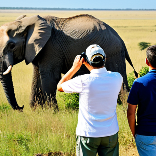 **

A group of fully clothed tourists, in appropriate attire for hiking, are observing elephants in Kéran National Park. The scene is during the daytime, with a clear blue sky and savanna grasslands in the background. The tourists are using binoculars. The image should have perfect anatomy, correct proportions, well-formed hands, proper finger count, and a natural pose. Safe for work, appropriate content, family-friendly, professional wildlife photography, high quality.

**