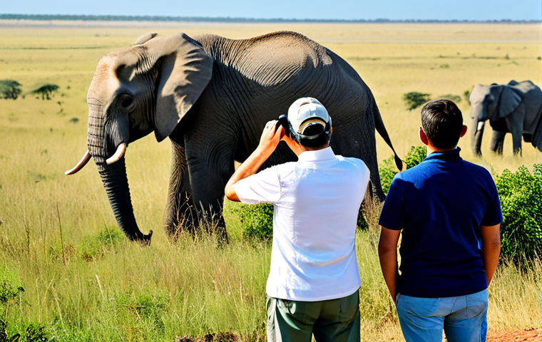**

A group of fully clothed tourists, in appropriate attire for hiking, are observing elephants in Kéran National Park. The scene is during the daytime, with a clear blue sky and savanna grasslands in the background. The tourists are using binoculars. The image should have perfect anatomy, correct proportions, well-formed hands, proper finger count, and a natural pose. Safe for work, appropriate content, family-friendly, professional wildlife photography, high quality.

**